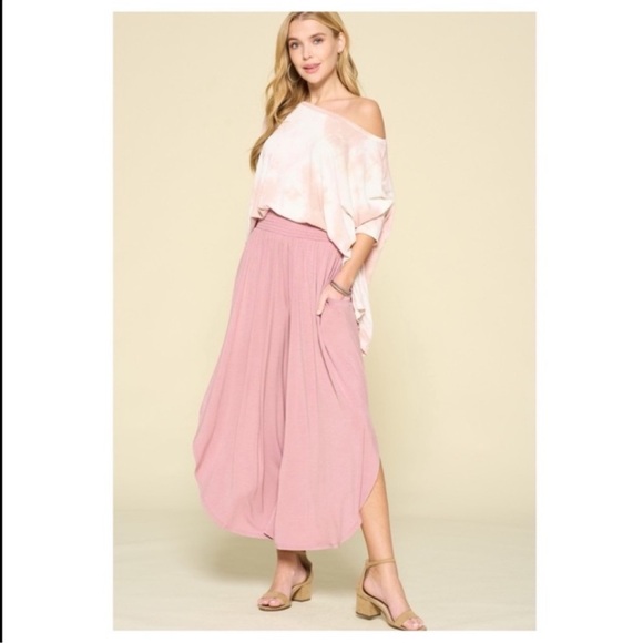 New Boho Style Spring Summer Mauve Wide Leg Pants With Side Slit - Picture 2 of 3